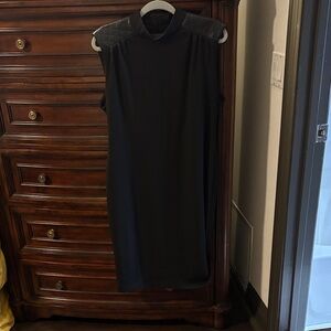 Black Sleeveless Shift Dress with Quilted Leather Shoulder Detail